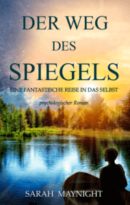 Buchcover vom Roman "Der Weg des Spiegels", eine fantastische Reise in das Selbst (inspirierende portal fantasy): Ein See mit Wald am Ufer. Der Sonnenaufgang über den Baumwipfeln geht in einen Sternenhimmel an den Rändern über. Im Vordergrund ein kleines Holzboot mit einer männlichen Person mit dem Rücken zugewandt, die im Schatten liegt, mit Blick auf das Gegenüberliegende Ufer über den ruhigen See gleitet.